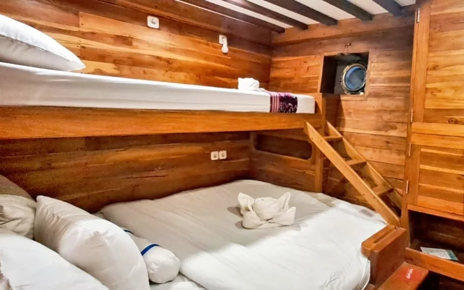 Lower deck deluxe cabin with a double bed and single bunk on EcoXplorer
