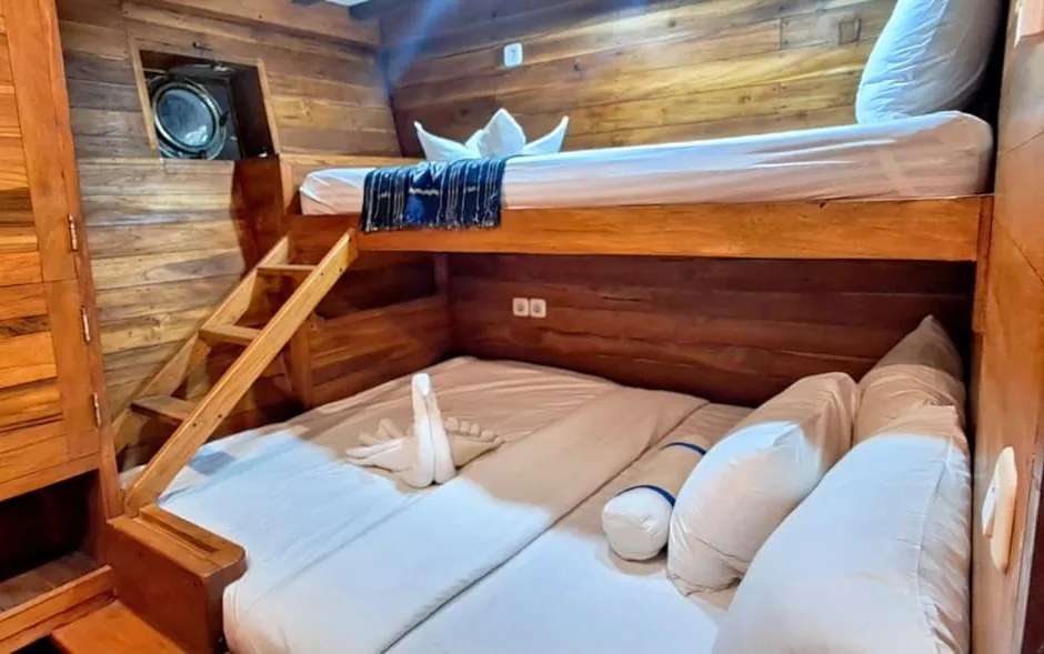 Lower deck deluxe cabin with a double bed and single bunk on EcoXplorer